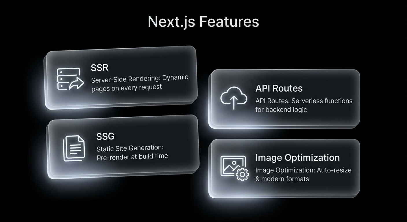 Next.js features overview including SSR, SSG, and API routes